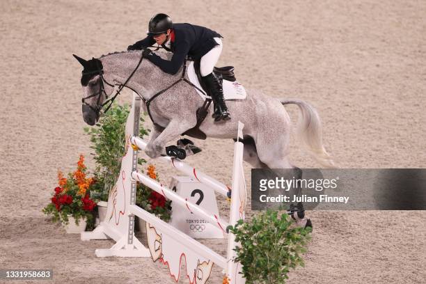 Oliver Townend of Team Great Britain riding Ballaghmor Class competes during the Eventing Individual Jumping Final on day ten of the Tokyo 2020...