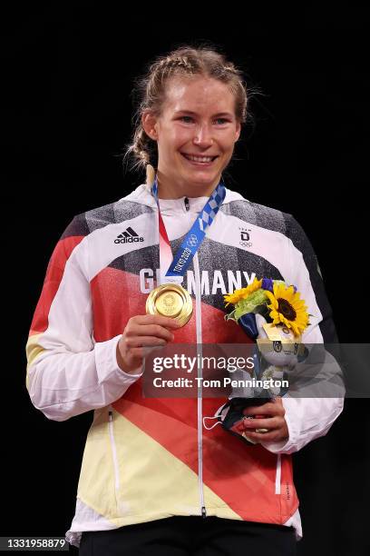 Women's Freestyle 76kg gold medalist Aline Rotter Focken of Team Germany poses with her medal during the Victory Ceremony on day ten of the Tokyo...