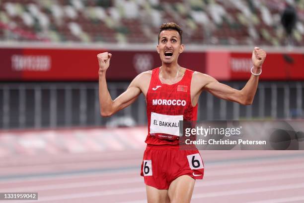 Soufiane El Bakkali of Team Morocco reacts as he wins the gold medal in the men's 3000 metres steeplechase on day ten of the Tokyo 2020 Olympic Games...