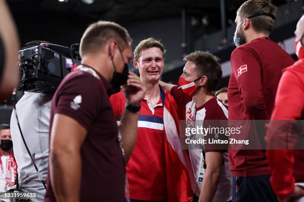 Viktor Axelsen of Team Denmark shows his emotion as he wins against Chen Long of Team China during the Men’s Singles Gold Medal match on day ten of...
