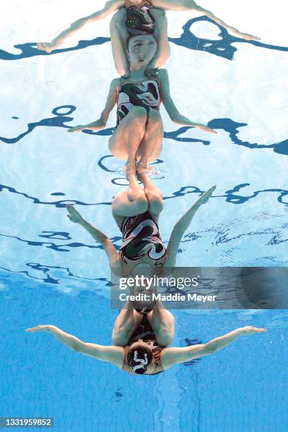 Xuechen Huang and Wenyan Sun of Team China compete in the Artistic Swimming Duet Free Routine Preliminary on day ten of the Tokyo 2020 Olympic Games...