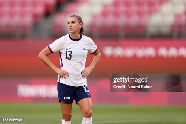 Alex Morgan of Team USA looks on during the Women's Football Semifinal match between USA and Canada at Kashima Stadium on August 02, 2021 in Kashima,...