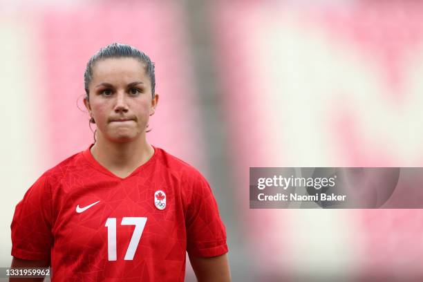 Jessie Fleming of Team Canada looks on during the Women's Football Semifinal match between USA and Canada at Kashima Stadium on August 02, 2021 in...