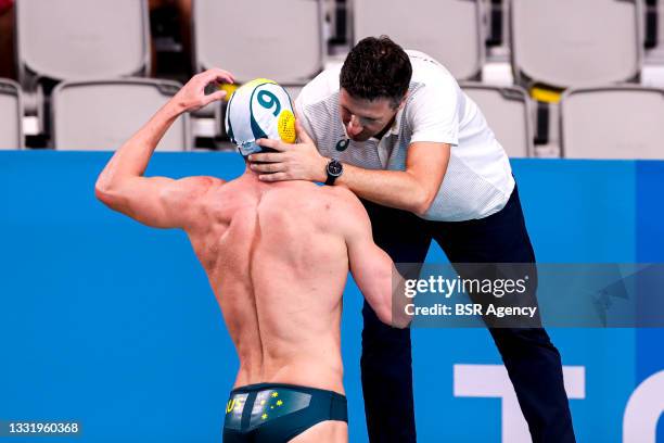 Head Coach Elvis Fatovic of Team Australia, Andrew Ford of Team Australia during the Tokyo 2020 Olympic Waterpolo Tournament Men match between Team...