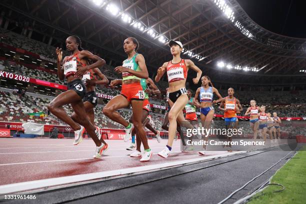 Hellen Obiri of Team Kenya, Gudaf Tsegay of Team Ethiopia, Ririka Hironaka of Team Japan and Selamawit Teferi of Team Israel compete during the...