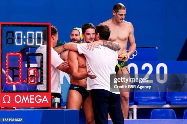 Aaron Younger of Australia, Head Coach Elvis Fatovic of Australia during the Tokyo 2020 Olympic Waterpolo Tournament Men match between Team Australia...