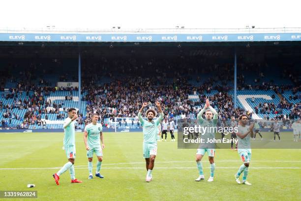 Levi Colwill, Jonathan Hogg, Sorba Thomas, Harry Toffolo and Duane Holmes of Huddersfield Town celebrate during the Carabao Cup game between...