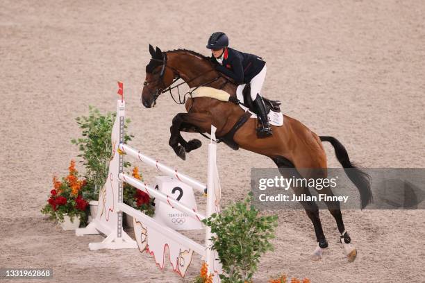 Laura Collett of Team Great Britain riding London 52 competes during the Eventing Individual Jumping Final on day ten of the Tokyo 2020 Olympic...