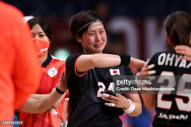 Nozomi Hara of Team Japan looks dejected after losing the Women's Preliminary Round Group A handball match between Norway and Japan on day ten of the...