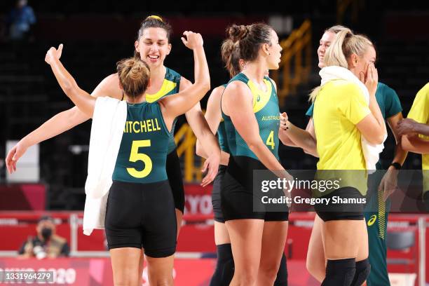 Marianna Tolo and Leilani Mitchell of Team Australia celebrate after defeating Puerto Rico in a Women's Basketball Preliminary Round Group C game on...