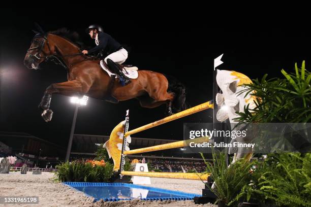 Tom McEwen of Team Great Britain riding Toledo de Kerser competes during the Eventing Individual Jumping Final on day ten of the Tokyo 2020 Olympic...