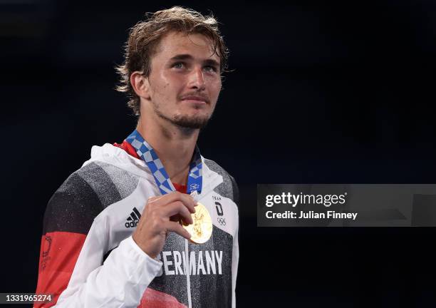 Gold medalist Alexander Zverev of Team Germany poses on the podium during the medal ceremony for Tennis Men's Singles on day nine of the Tokyo 2020...