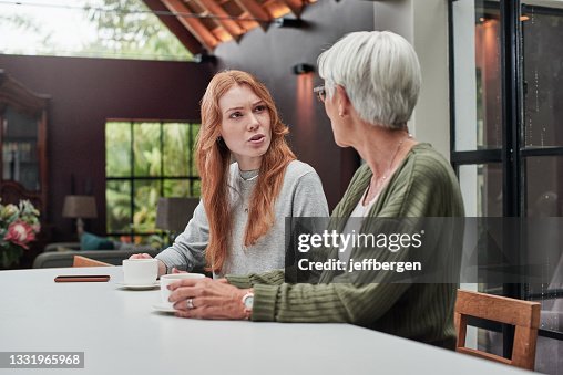 Shot of a young woman having coffee with her elderly mother at home Shot of a young woman having coffee with her elderly mother at home