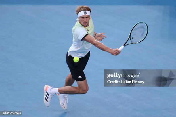 Alexander Zverev of Team Germany in action in his Men's Singles Gold Medal match against Karen Khachanov of Team ROC on day nine of the Tokyo 2020...