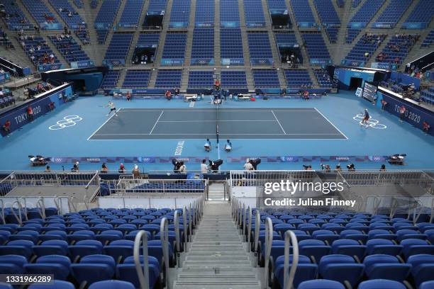 General view of Alexander Zverev of Team Germany in action in his Men's Singles Gold Medal match against Karen Khachanov of Team ROC on day nine of...