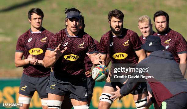 Eben Etzebeth catches the ball during the South Africa Springbok training session held on August 02, 2021 in Cape Town, South Africa.