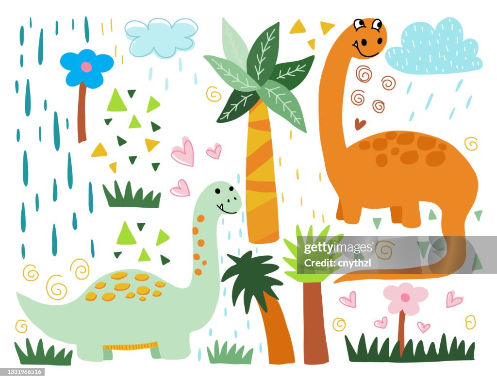 Dinosaurs Vector Set in Cartoon Style. Ilustración linda colorida