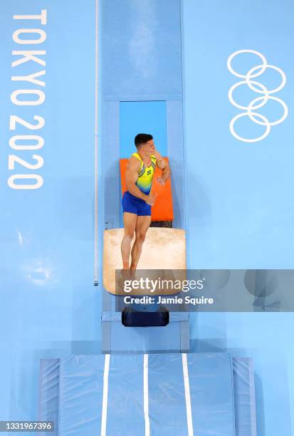 Caio Souza of Team Brazil competes in the Men's Vault Final on day ten of the Tokyo 2020 Olympic Games at Ariake Gymnastics Centre on August 02, 2021...