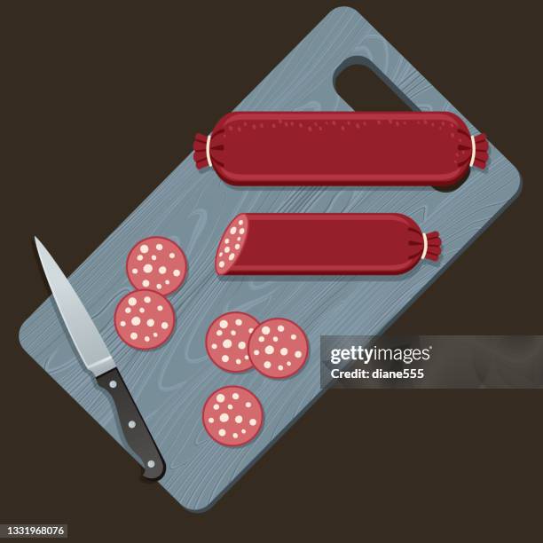 wooden cutting board with salami - salami stock illustrations