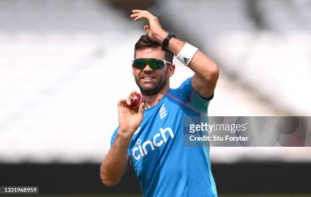 England bowler James Anderson in action during England nets ahead of the First Test Match between England and India at Trent Bridge on August 02,...