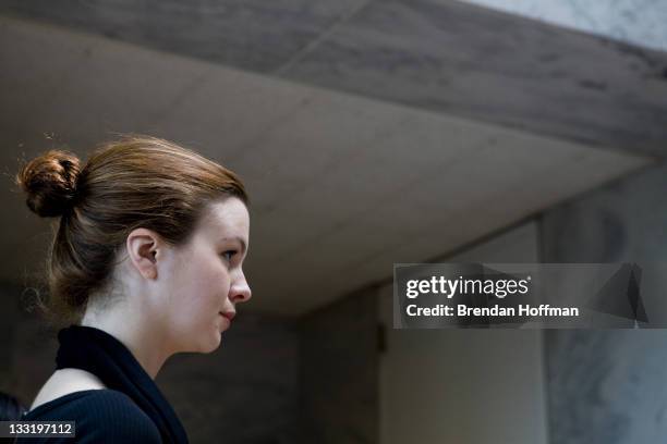 Actress Amber Tamblyn waits for a meeting with Sen. Debbie Stabenow to discuss ways to provide affordable birth control April 23, 2008 in Washington,...