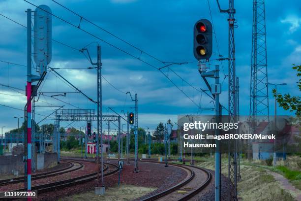 electric traction and railroad tracks in tczew, dirschau, poland - dirschau stock pictures, royalty-free photos & images