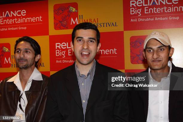 Producer Abdul Tapa, director Tariq Tapa and Indian actor Mohamad Imran Tapa attend the press conference for film Zero Bridge during MAMI Film...