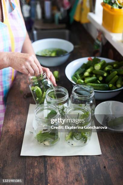 a woman at home makes pickles from cucumbers. - i was turning into a vegetable stock pictures, royalty-free photos & images