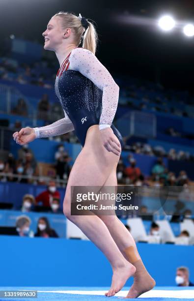 Jade Carey of Team United States competes in the Women's Floor Exercise Final on day ten of the Tokyo 2020 Olympic Games at Ariake Gymnastics Centre...