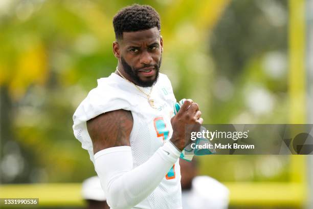 Wide Receiver DeVante Parker of the Miami Dolphins looks on during Training Camp at Baptist Health Training Complex on August 02, 2021 in Miami...