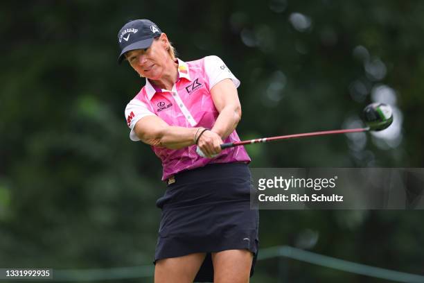 Annika Sorenstam of Sweden hits her tee shot on the 18th hole during the final round of the 2021 U.S. Senior Women's Open at Brooklawn Country Club...