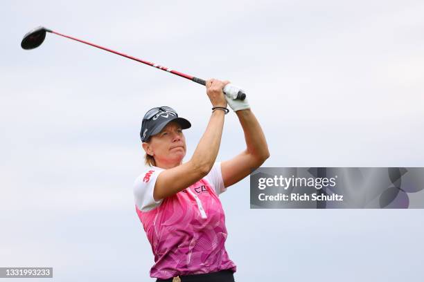 Annika Sorenstam of Sweden hits her tee shot on the 17th hole during the final round of the 2021 U.S. Senior Women's Open at Brooklawn Country Club...