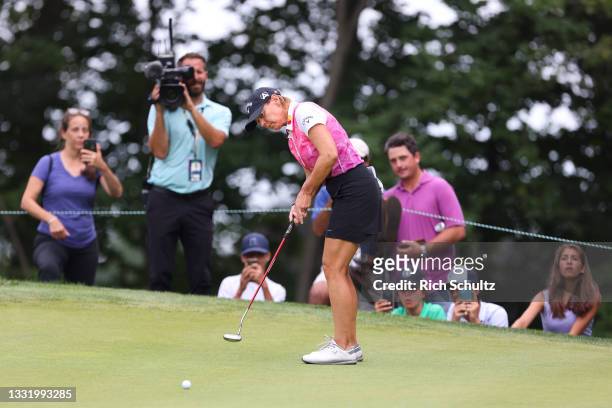 Annika Sorenstam of Sweden putts on the 16th green during the final round of the 2021 U.S. Senior Women's Open Championship on August 1, 2021 in...