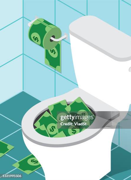 geld auf die toilette werfen verstopft verschwenderische haushaltsfinanzen - werfen stock-grafiken, -clipart, -cartoons und -symbole