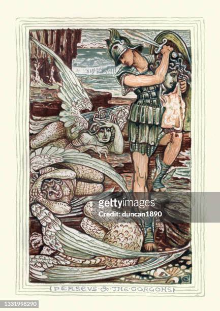 ilustraciones, imágenes clip art, dibujos animados e iconos de stock de perseo y las gorgonas, matando a medusa, héroe de la mitología griega antigua - mythological character