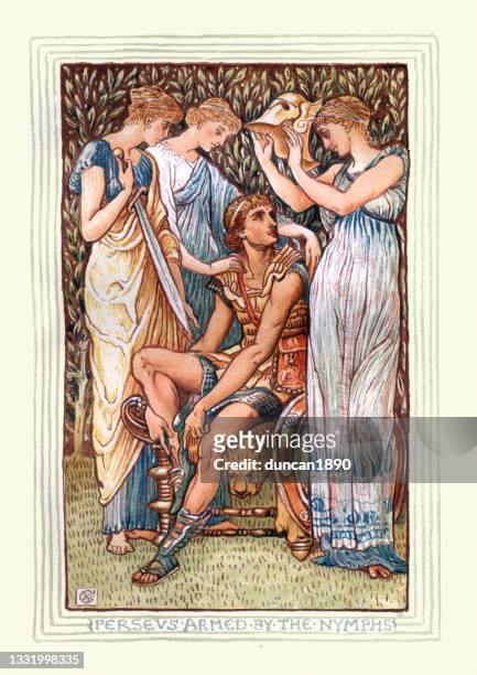 perseus armed by the nymphs, greek mythology hero, magical weapons and armour - greece costume stock illustrations
