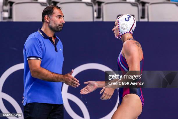 Head coach Alexandr Gaidukov of ROC, Ekaterina Prokofyeva of ROC during the Tokyo 2020 Olympic Waterpolo Tournament women match between Russia and...