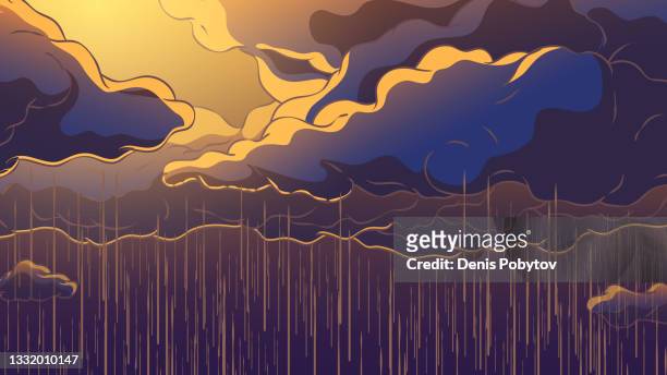 handgezeichnete scenic cloudscape - regen und kumuluswolken. - sonnig stock-grafiken, -clipart, -cartoons und -symbole