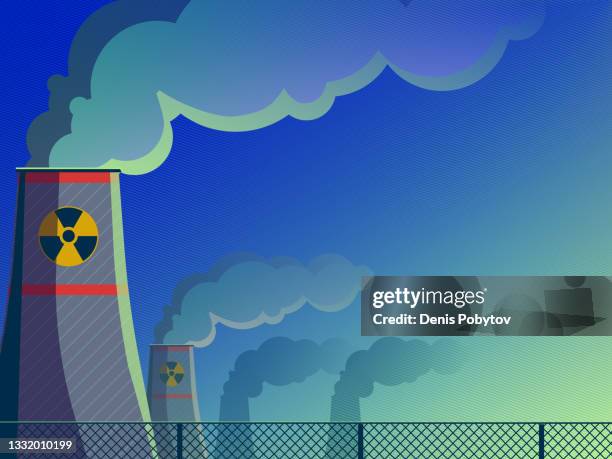 ilustrações, clipart, desenhos animados e ícones de ilustração vetorial de uma usina nuclear - tubos com fumaça e sinal de radiação. - energia nuclear