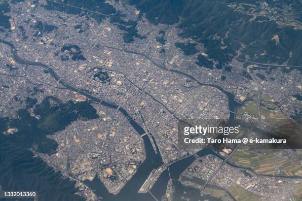 kochi city of japan aerial view from airplane - kochi japan stock pictures, royalty-free photos & images