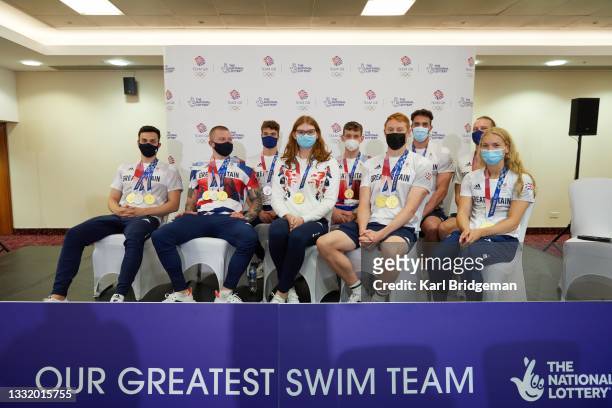 Team GB swimmers James Guy, Adam Peaty, Freya Anderson, Matthew Richards, Tom Dean, Calum Jarvis, Luke Greenbank and Anna Hopkin at a Q&A during the...