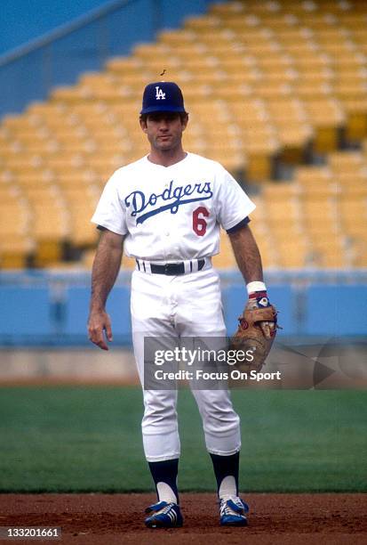 First Baseman Steve Garvey of the Los Angeles Dodgers looks on while standing at his position during an Major League Baseball game circa 1980 at...