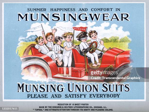 Advertisement for Munsingwear Union Suits features an illustration of a group of children driving and riding in a car, 1912. It originally appeared...