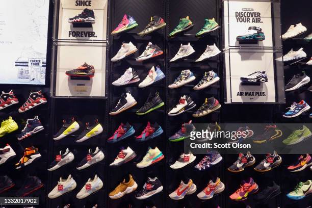 Athletic footwear is offered for sale at a Foot Locker store on August 02, 2021 in Chicago, Illinois. Foot Locker Inc. Has announced plans to buy...