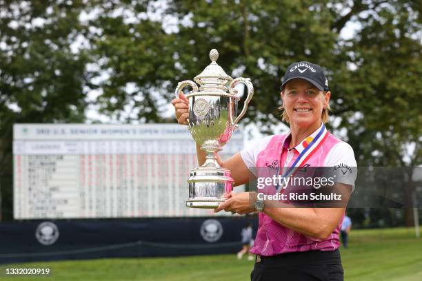 Annika Sorenstam of Sweden holds up the cup after winning the 2021 U.S. Senior Women's Open Championship on August 1, 2021 in Fairfield, Connecticut.