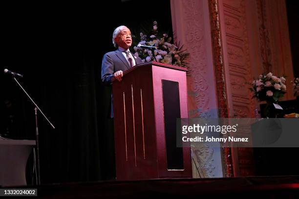 Rev. Al Sharpton speaks during the celebration of life for Biz Markie at Patchogue Theatre for the Performing Arts on August 02, 2021 in Patchogue,...