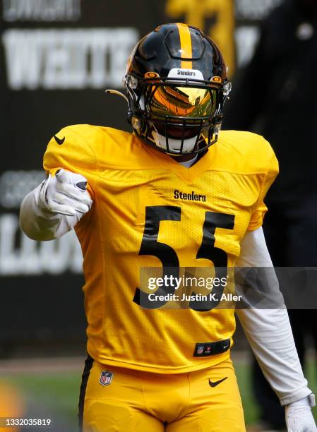 Devin Bush of the Pittsburgh Steelers in action during training camp at Heinz Field on July 28, 2021 in Pittsburgh, Pennsylvania.