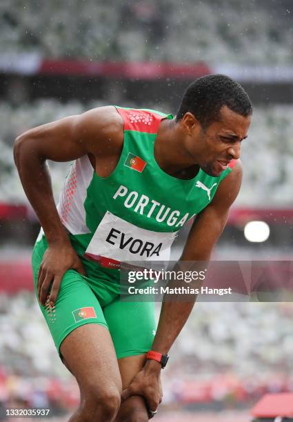 Nelson Evora of Team Portugal reacts while competing in the Men's Triple Jump Qualification on day eleven of the Tokyo 2020 Olympic Games at Olympic...