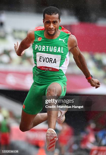 Nelson Evora of Team Portugal competes in the Men's Triple Jump Qualification on day eleven of the Tokyo 2020 Olympic Games at Olympic Stadium on...