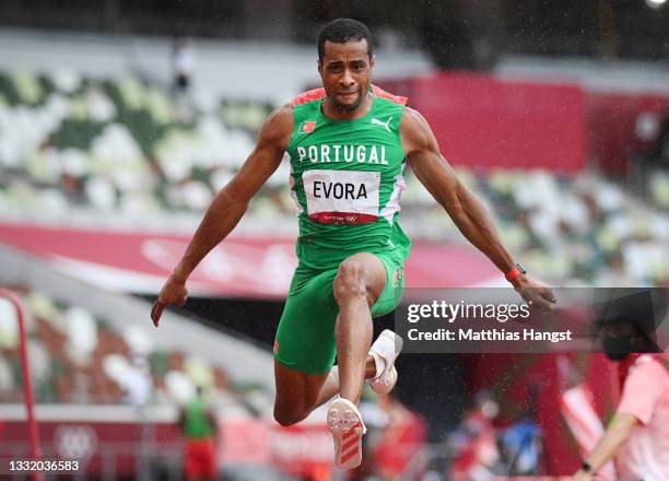 Nelson Evora of Team Portugal competes in the Men's Triple Jump Qualification on day eleven of the Tokyo 2020 Olympic Games at Olympic Stadium on...
